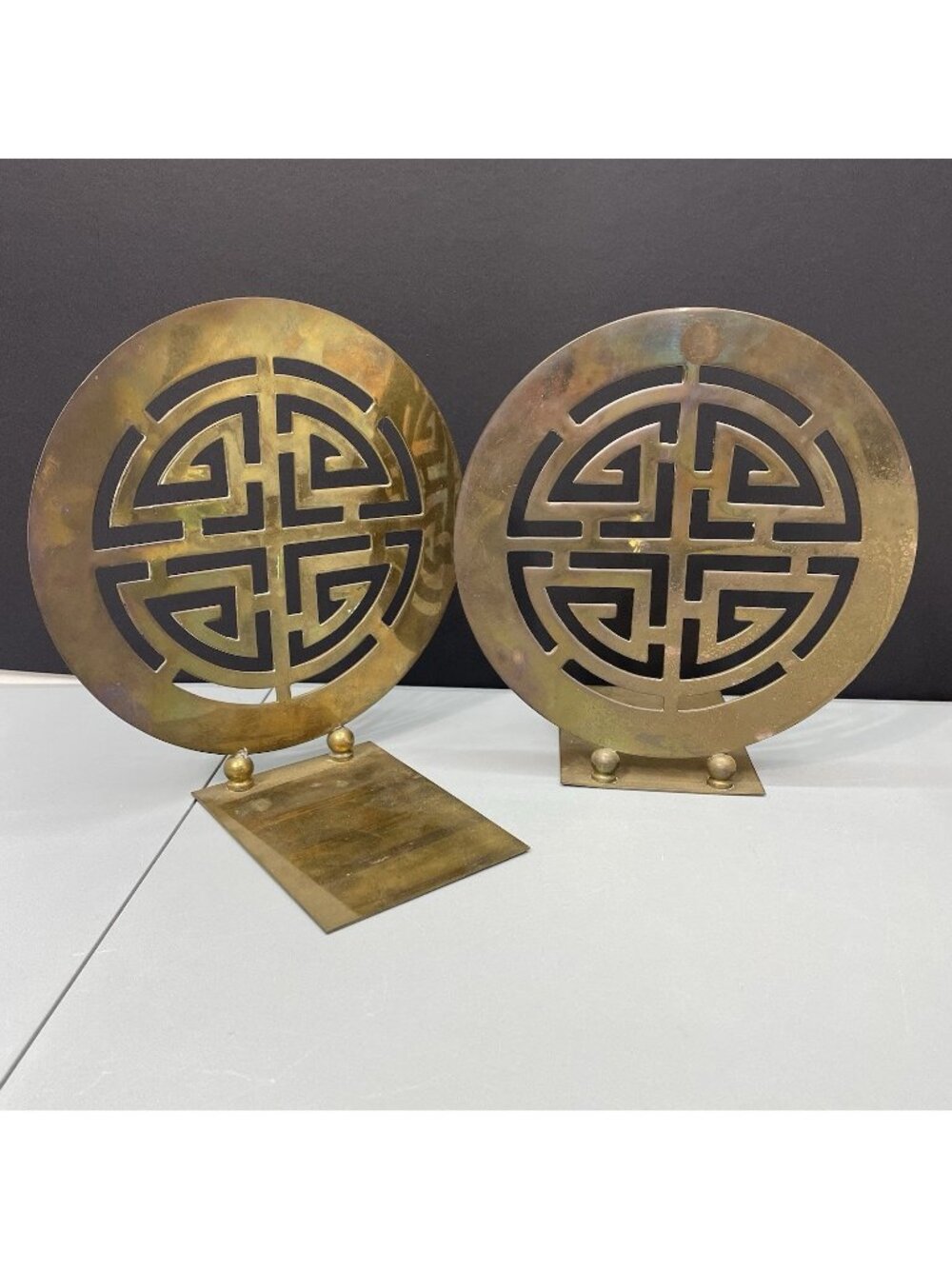 Vintage Solid Brass Bookends Chinese Shou Symbol for Longevity Round MCM Decor